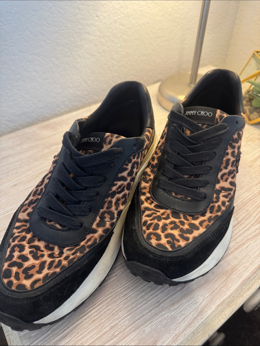 Jimmy Choo Leopard-Print and Black Lace-Up Sneakers